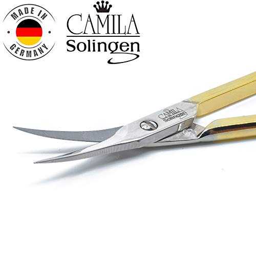 Camila Solingen CS04 Professional Nail Cuticle Scissors, Hypoallergenic Gold Plated Sharp Curved Manicure Pedicure Grooming for Finger and Toe Nail Care. Made of Stainless Steel in Solingen, Germany