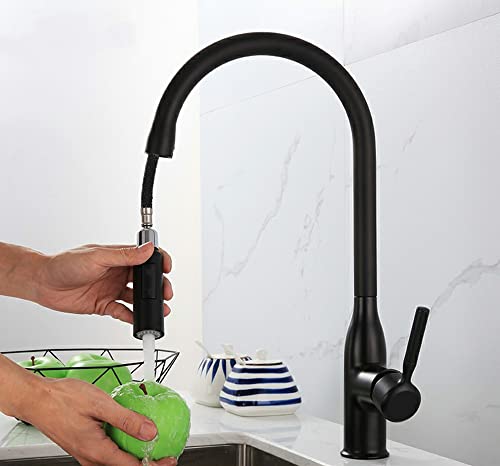 KOPYFANTAP Robinet de Cuisine Noir ,Mitigeur Cuisine Rotatif à 360° avec Douchette Extensible,2 Modes de Pulvérisation Robinet d'Évier à Haut Bec Orientable Monocommande Robinet de Lavabo en Laiton Cover