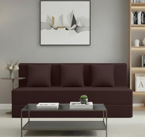 Image of AMATA Instant 3 Seater Foldable Sofa Cum Bed Brown Suede Velvet Fabric with 2 Pillow Perfect for Home Living Office Room and Guests (3 Year Warranty) (Brown, Instant 3 Seater Sofa Cum Bed)