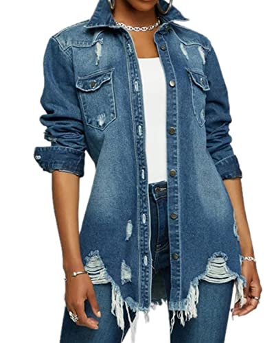 DvaeMalligo Women's Jean Jacket Distressed Button Down Long Sleeve Ripped Oversized Denim Trucker Jean Jackets