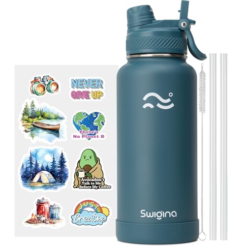 Image of Swigina Insulated Water Bottle with Silicone Boot (36hrs Cold /18hrs Hot) - DIY Stickers, Leakproof, BPA Free, 24 oz [2-IN-1 LID]