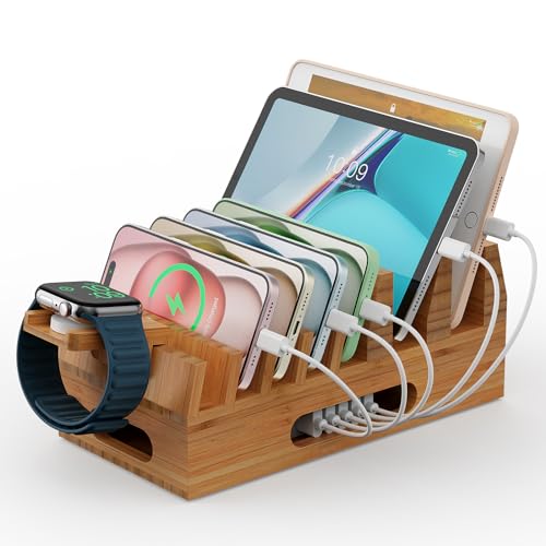 Pezin & Hulin Bamboo Charging Station Organizer for Multiple Devices & Wood Desktop Docking Charging Stand Such As Cell Phone, Tablets, Phone Case and Watch Stand(No USB Charger)
