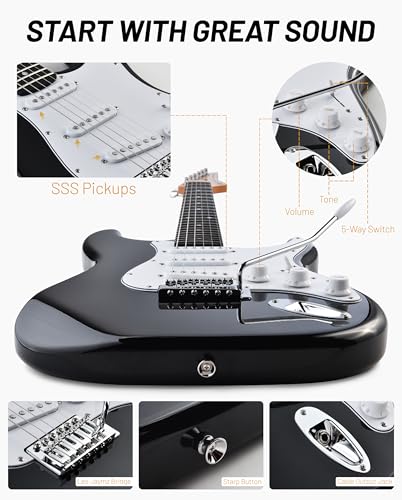 Image of Leo Jaymz Beginner Electric Guitar 39 inch Kit with Portable Amplifier, Padded Gig Bag, Digital Tuner，Capo，Strap，Picks，Classic SSS Pickups(Black-SSS)