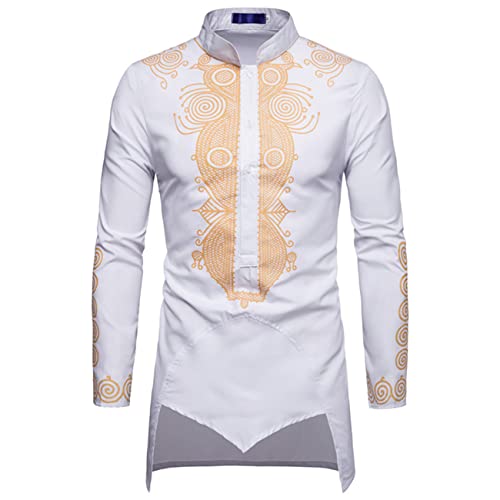 Camisas Estampadas de Bronceado musulmán para Hombres Camisa Casual islámica árabe Ropa étnica de Oriente Medio Estilo de Oriente Medio Camisa Dorada de Manga Larga Ropa de Jersey de Ocio islámico