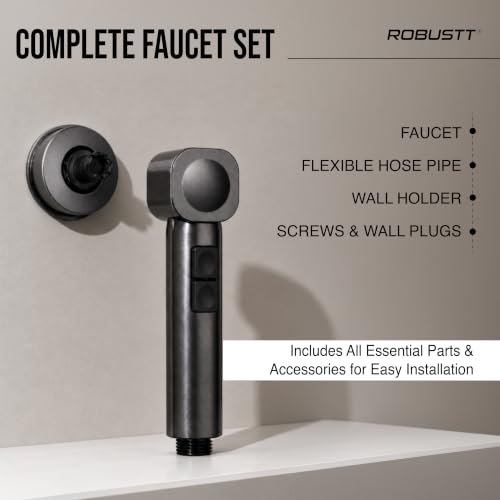 Image of Robustt Health Faucet for Toilet with Adhesive Wall Mount Holder | 2 Flow Modes | Jet Spray for Toilet with Stream & Rain Settings, Button Control, Chrome Finish Bathroom Faucet (Without Hose)-Grey