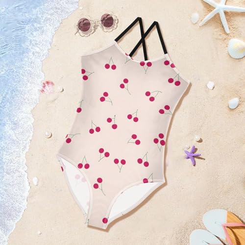 Girls One Piece Swimsuits Cherry Pattern Summer Quick Dry Beach Bathing Suit3