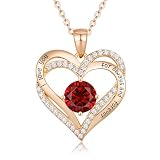 Unified Jewellery July Ruby Birthstone Heart Necklace for Women, Rose Gold Plated Heart Pendant with Created Ruby Center and Pavé Cubic Zirconia, Engraved I Love You For Always And Forever B284