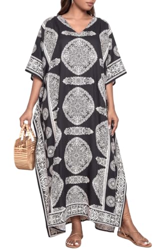 Goood Times Plus Size Kaftan Long Maxi Kimono for Women, 52" Length, 3/4 Sleeves, Caftan Nightgown for Women (Black Kaftan)