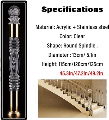 Clear Acrylic Stair Spindle Newel Post with Crystal Cap Finial, Silver Baluster Column for Interior & Exterior Staircase - 115cm/45.3in Height