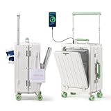 ROPLUS Carry On Luggage with Front Cover Compartment, Aluminium Frame Rolling Suitcase with USB Ports, Cup Holder, TSA Lock, Skate Wheels (WhiteGreen, 21-Inch)