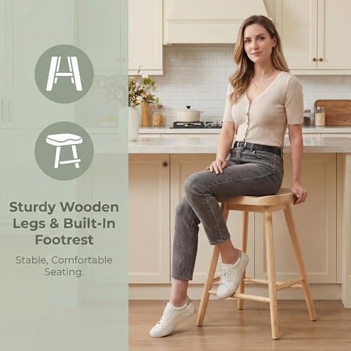 Image of HNY Backless Counter Height Bar Stools Set of 2, 24'' Rustic Farmhouse Wooden Saddle Stools Ergonomic-Seat Bar Chairs, Bar Height Barstools for Kitchen Counter Island, Natural