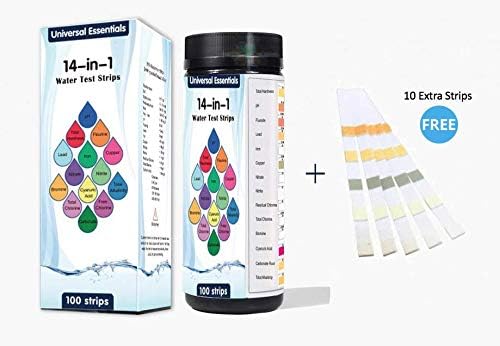 UniversalEssentials 14-in-1 Water Test Kit - 100 Strips for Testing Drinking Water, Ground Water, Pool, Spa, Aquarium. 30 Second Testing to Detect Hardness, Iron, Chlorine, Copper, Fluoride, Lead, pH