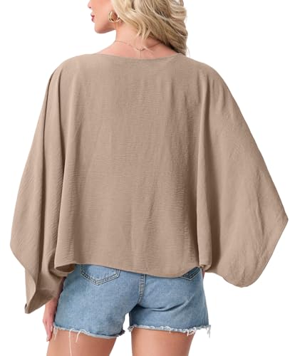 GRECERELLE Women\'s Summer Lightweight Boho Cardigan Open Front Short Sleeve Kimono Bolero Shrug Loose Casual Cover Ups, Light Khaki, L - Thumbnail 6