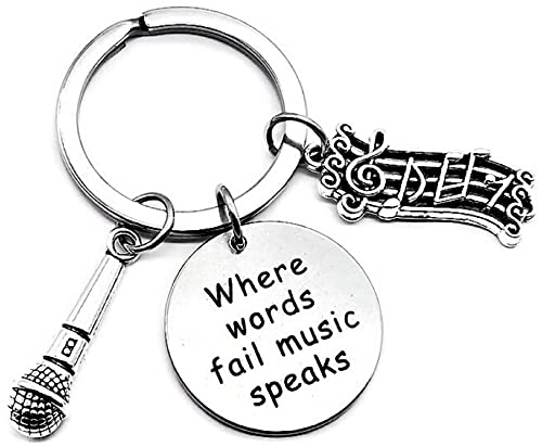 Kit's Kiss Microphone Keychain Music Keychain Singer Gift Music Note Musical Instrument Music Student Music Teacher Gift Where Words Fail Music Speaks Key Ring, Silver, Diameter : 1.2 inches (3 cm)