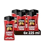 Lynx Sunset Fresh 3-in-1 Body Wash Men's Hair, Face and Body Cleanser with a mango & mandarin scent for all-day freshness 6x 225 ml