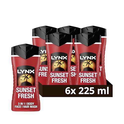 Lynx Sunset Fresh 3-in-1 Body Wash Men's Hair, Face and Body Cleanser with a mango & mandarin scent for all-day freshness 6x 225 ml