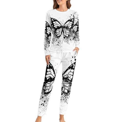 Pyjama femme papillon noir contre le froid nocturne grâce au t-shirt manches longues