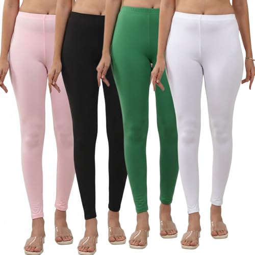 Image of Volex Women and Girls Full Length Leggings | Cotton Spandex /Elastane 4 Way Stretchable | Casual Slim fit Ultra Soft Leggings-Pack of 4