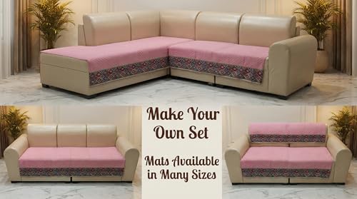Image of Velvet Quilted Sofa Cover Mat Seat & Back, L Shape 4+3, Main L90in Chaise L69in H32in, Baby Pink Color,Anti Skid Backing, 6in Hanging Strap Design, Washa, Style -BabyPink-L43
