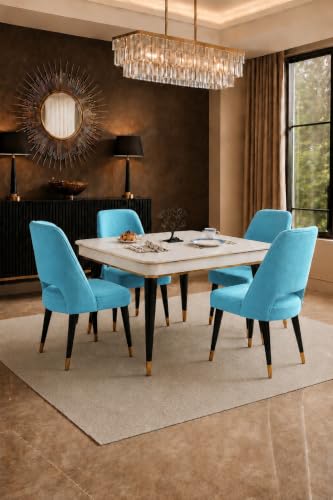 Image of WOODEN SPACE 4 Seater Wooden Dining Table Set | Urban Marble Top Dining Table with Chairs for Dining Room & Kitchen (Modern Vintage Sky Blue) (42 x 42 x 30 inch)