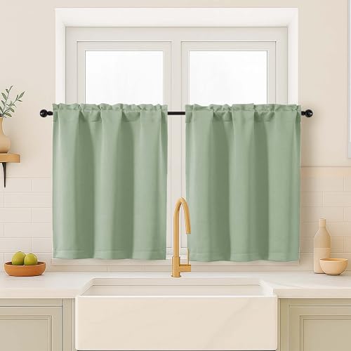 Image of Light Green Blackout Curtains for Small Window Treatment, Light Blocking Short Kitchen Window Curtains Over Sink, Dual Rod Pocket Half Window Tiers for Bathroom Basement, 2x40Wx36L Inches