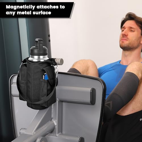 Image of icolor Black Magnetic Gym Bag Water Bottle Carrier Holder with Phone Pockets & Strap,Nylon Gym Magnetic Bag 5 Built-in Magnets Nylon Gym Accessories Organizer Bottle Pouch Sleeve for Men Women