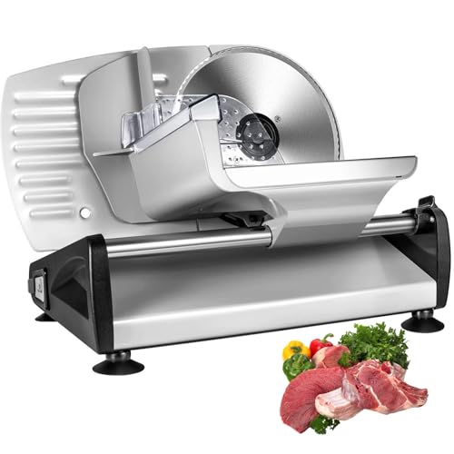 Cortafiambres eléctrico, Cortador de fiambre 200W con Cuchillas Dobles de 19cm, Grosor Ajustable 0-15mm para Uso doméstico y Comercial, Seguridad de Grado Comercial con empujador de Alimentos