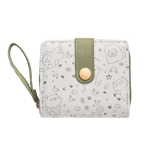 Cat Themed Leather Wallet for Women Minimalist Small Cute Coin Purse with ID Window Brown Kawaii Credit Card Holder for Girls Ladies Travel