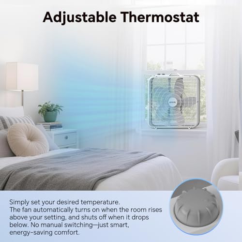 Image of shinic 20 inch Box Fan with Thermostat, 3-Speed Metal Frame Window Box Fan with Carry Handle & Non-Slip Feet, Auto Temperature Control Cooling Fan for Bedroom, Garage, Home Office, Basement