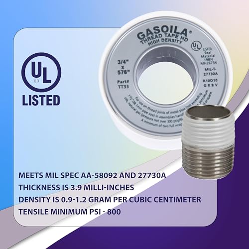 Image of Gasoila PTFE Thread Seal Tape - Professional-Grade, 3 /4 Inch x 576 Inch, High-Density Thread Tape for Plumbing, HVAC, Gas Lines, Water Pipes, and Air Compressors - Leak-Proof Seal, Non-Toxic