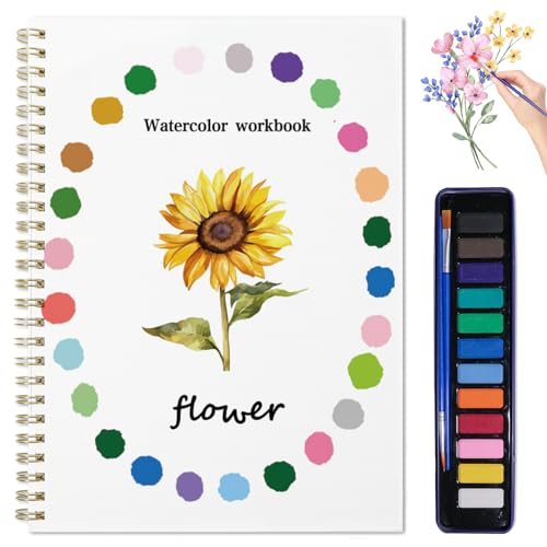 Image of Beginner Watercolor Painting Kit Watercolor Workbook Coloring Book 12 Colors Paint Set with Brush, Easily Master Beginner Friendly Watercolor Paint Set Gift for Adults Teens. (Flowers)