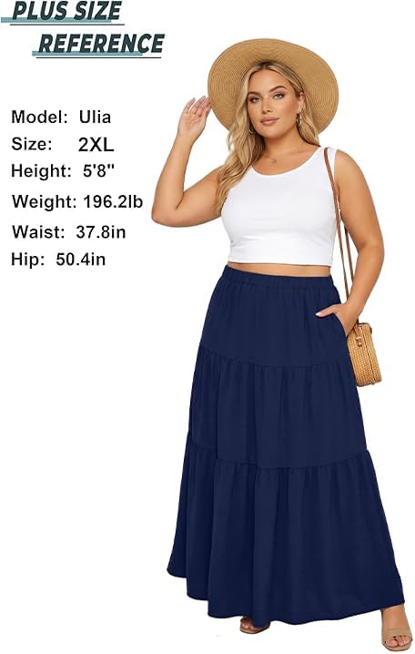 Lepunuo Womens Boho Casual Maxi Skirts Flowy Elastic High Waisted A-Line Long Skirts with Pockets Beach Vacation - Image 5