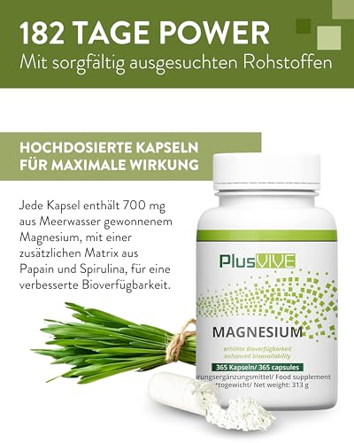 PlusVive Magnesium Kapseln hochdosiert I 1x 365 Kapseln I 700mg Magnesium Hydroxid pro Kapsel I Magnesium aus Meerwasser I mit Papain & Spirulina I Nahrungsergänzungsmittel vegan & laborgeprüft