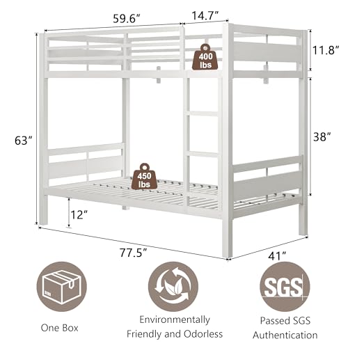 Image of iPormis Metal Bunk Bed Twin Over Twin, Heavy Duty Bunk with High Guardrail and Safety Entrance Design, Under-Bed Storage Space, Easy Assembly, Noise Free, White