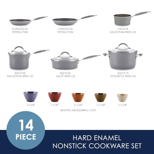 Image of Rachael Ray Cucina Nonstick Cookware Pots and Pans Set, 14-Piece, Sea Salt Gray