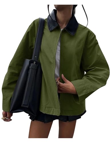 COZYPOIN Womens Lightweight Jacket Contrast PU Leather Zip Up Utility Cargo Barn Coat Fall Canvas Outwear with Pockets