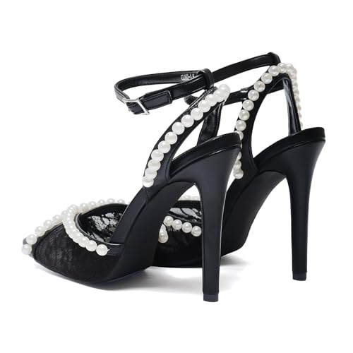 Women's Open Toe Stiletto Heel Sandals Pearl & Lace Ankle Straps 4.3IN Heels Weddings Parties Nightclub Shoes4