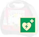 Znak AED defibrylator EN ISO 7010:2012,fotoluminescencyjna płytka z tworzywa sztucznego, łatwy montaż, taśma piankowa z tyłu, DIN67510, 15x15 cm