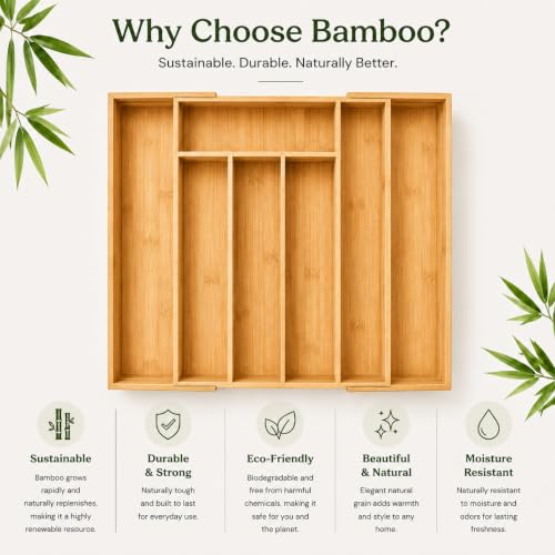 MASS DYNAMIC Cutlery Drawer Organiser, Expandable Bamboo Cutlery Tray for Kitchen Utensil, Adjustable Silverware and Flatware Holder, 7 Slots Storage for Spoons Forks Knives - Image 2