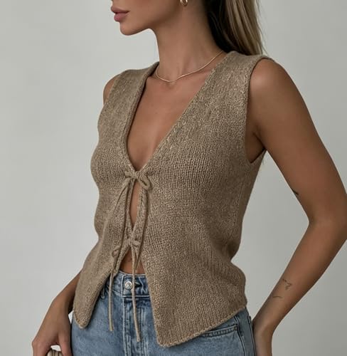 Image of Womens Vintage Knittd Tank Y2k Vest Crop Top Sleeveless V-Neck Open Front Button Crochet Knit Vests Versatile Tops