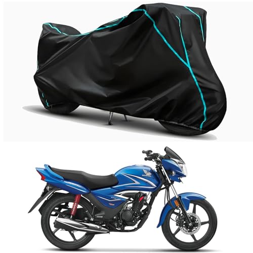 Image of Waterproof Bike Body Cover Compatible for | Honda Shine Disc | Taffeta Fabric, Sky Piping Design, Bottom Elastic Fit | Dustproof, Sun UV & Rain Protection for All Weather.