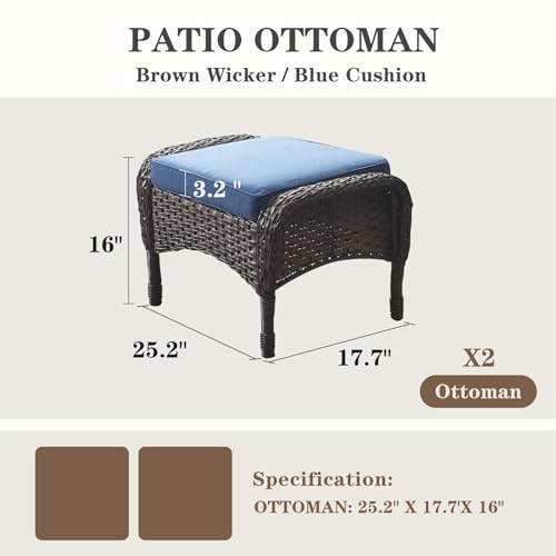 Belord Outdoor Ottomans for Patio Foot Rest - 25 Inch PE Wicker Foot Stool Set of 2 with Removable Cushions for Patio Furniture Sets,All Weather Rattan Ottoman for Balcony Deck Backyard Brown
