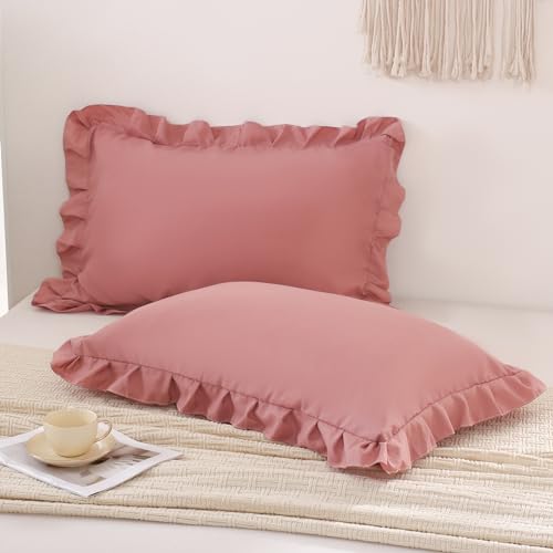 Herside Lot de 2 housses de coussin à volants de style shabby chic en microfibre douce avec dentelle à volants Rose clair 50 x 75 cm