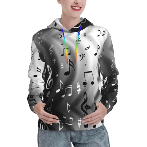 Sweat musique femme : pull à capuche imprimé notes et extensible avec sa poche
