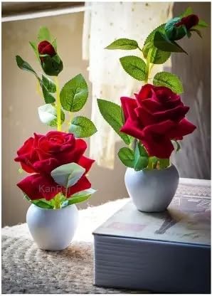 Image of Artificial Rose Flower Set of 2 Roses with Pot (Natural Looking), Plastic