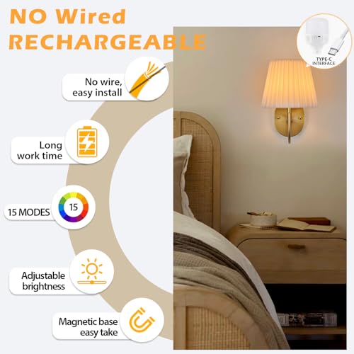 Image of PASSICA DECOR Battery Operated Wall Sconces Set of 2 Premium Fabric Pleated Shade, Rechargeable LED Lights with 15 Colors, Remote Control, Timer for Bedroom, Living Room, Kids' Room