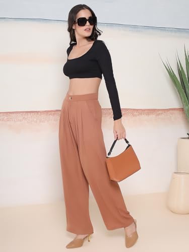 Image of KOTTY Womens Solid Button Brown Wood Casual Pants