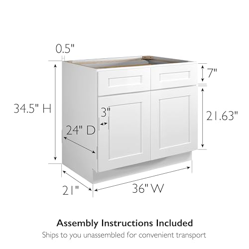Image of Design House Brookings Kitchen Base Cabinet, Shaker Style, Solid Wood Face & Door Frame, Soft-Close Doors, Finished Interior, Easy-To-Assemble, White, 36.0 in. W x 34.5 in. H x 24.0 in. D, 561407