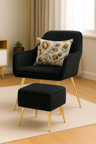 Image of Velvet Accent Chair with Matching Pouffe & Floral Cushion | Modern Upholstered Armchair with Gold Metal Legs | Lounge Chair for Living Room, Bedroom, Office, Guest Room (Black)