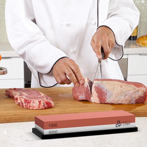 DDF IohEF Schleifstein, Körnung 1000/6000 Abziehstein Wetzstein Professionell 2-IN-1 Doppelseitiger Messerschärfer mit Rutschfestem Silikonhalter und Messer-Halter für Messer